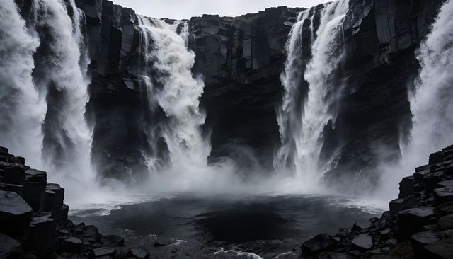 Mighty basalt waterfall cascading into dark plunge pool with swirling mist and rugged cliffs