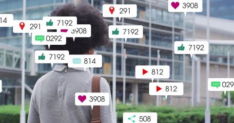 Woman Facing Modern Office Building with Social Media Notifications