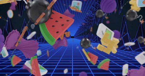 3d media icons tumbling over blue digital grid