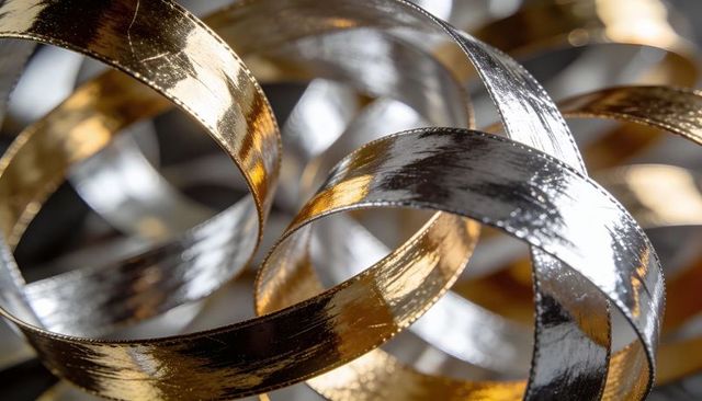 Coiled Metallic Ribbon Reflecting Gold and Silver Brushed Foil Texture Close-Up