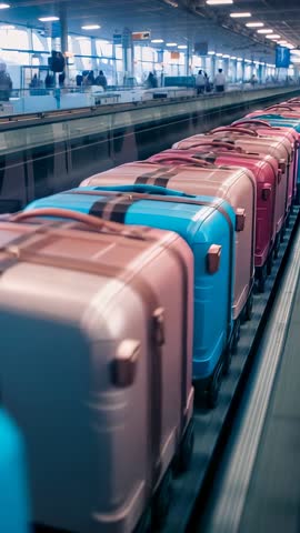 Vertical video of travellers placing suitcases on airport check-in conveyor while staff scanning tag
