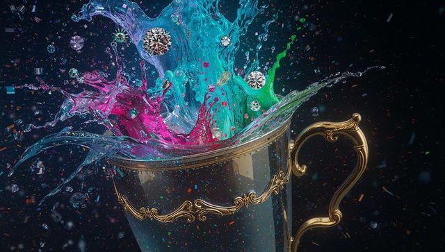 Ornate gold goblet trophy bursting with vibrant paint splash and floating diamonds