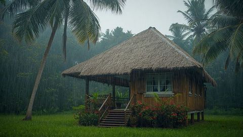 Thatched Stilt Cottage Weathering Heavy Tropical Rain in Lush Rainforest Clearing