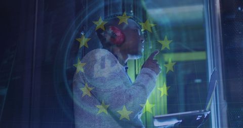 Cybersecurity Expert in Server Room with EU Overlay