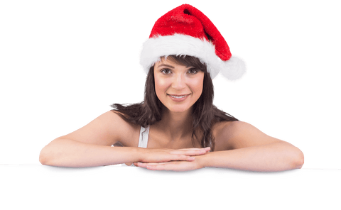 Festive Woman in Santa Hat Leaning on Transparent Space