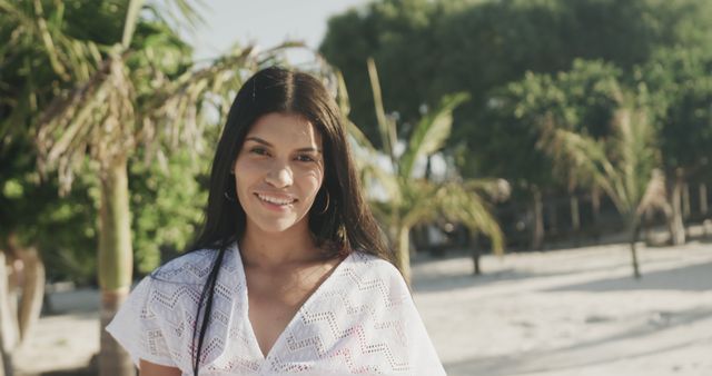 Happy Woman in White Dress at Tropical Beach - Download Free Stock Images Pikwizard.com