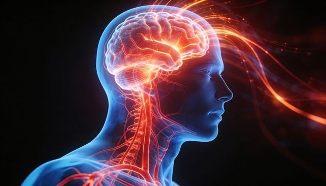 Illustrating glowing brain activity and neural circuitry within translucent human head