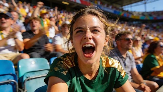 Young female fan cheering loudly in sunny stadium wearing green gold jersey closeup