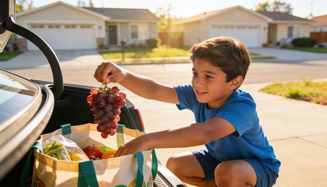 Boy unloading groceries from trunk holding grapes on suburban driveway at golden hour