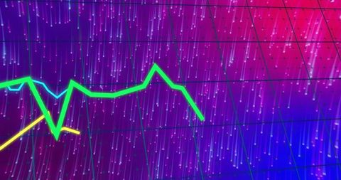 Glowing neon line graph streaming across futuristic data visualization dashboard