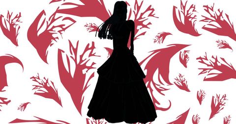 Elegant Silhouette of a Woman in Black Dress with Abstract Red Patterns