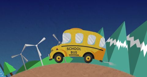 Yellow school bus over countryside with renewable energy
