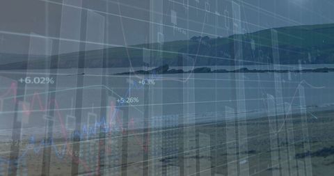 Financial data visualization overlaying tranquil coastal scene