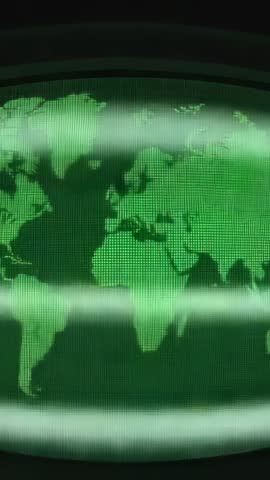 Opening pixelated world map scanning on curved monitor with glowing scan bands