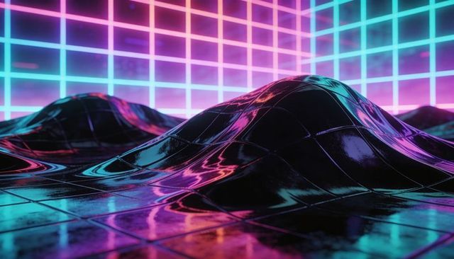 Neon glossy tiled landscape reflecting cyan magenta grid retrofuturistic abstract surface