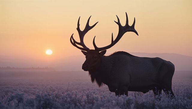 Majestic elk standing at frosty sunrise with branching antlers and backlit silhouette