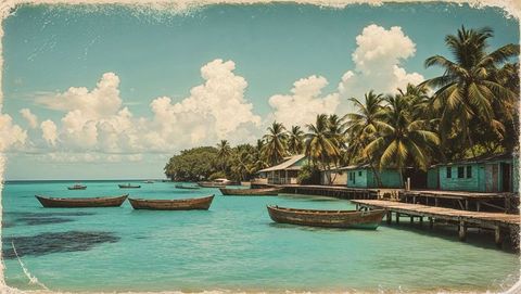 Rustic haiti coastal boats and stilt houses in tropical paradise