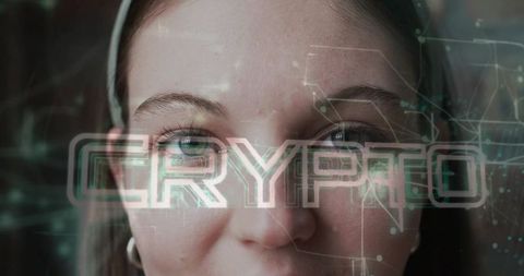Young Woman Gazing Through Holographic CRYPTO Text with Neon Circuitry Overlay