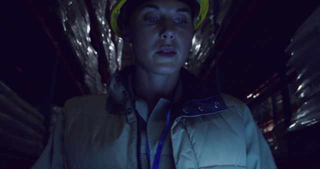 Warehouse Worker Wearing Hard Hat Inspecting Goods in Dim Lighting - Download Free Stock Images Pikwizard.com