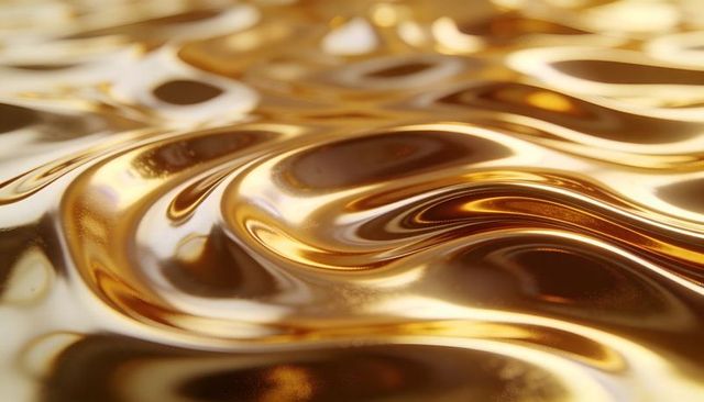 Shimmering liquid gold flowing glossy metallic ripples macro background