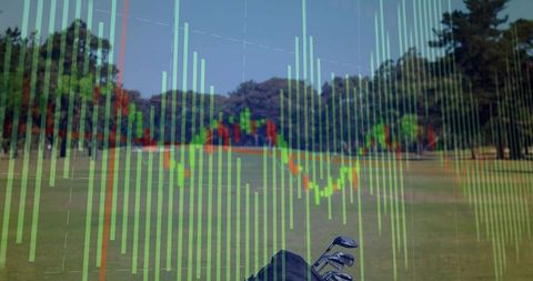 Overlaying Golf Bag on Fairway with Transparent Financial Chart Bars Showing Market Trends