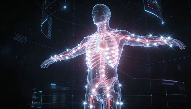 Rotating translucent human anatomy hologram highlighting circulatory system and skeleton