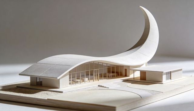 Minimalist scale architectural model featuring sweeping curved roof and crescent form