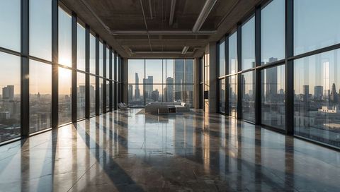 Sunlit industrial loft penthouse showcasing low-profile sofa reflecting city skyline