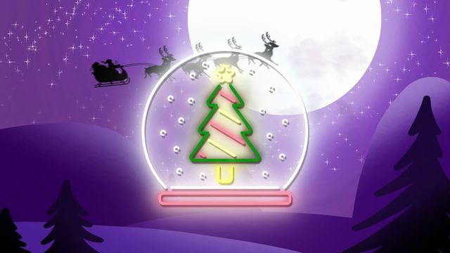 Vibrant animation showing bright neon snow globe in winter scene with Santa's sleigh and reindeer under full moon. Ideal for Christmas videos, holiday greeting cards, festive promotional material, and seasonal digital displays. Conveys warmth, joy, and festive spirit.