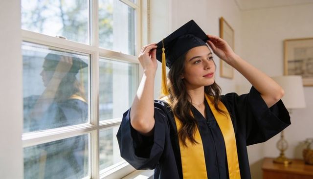Fixing mortarboard while gazing out sunlit window wearing navy gown and gold stole