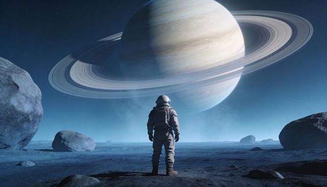 Astronaut standing on icy moon facing majestic ringed gas giant over desolate alien plain