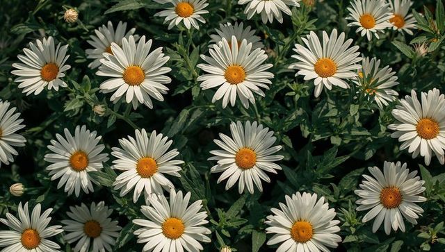 White daisies with golden centers filling lush garden bed close-up macro floral background