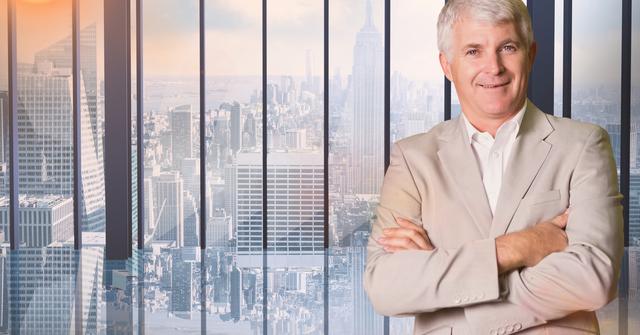 Portrait of businessman standing with arms crossed against cityscape in background