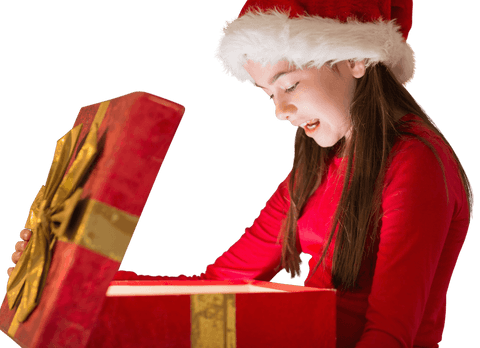 Girl joyfully opening christmas gift transparent background