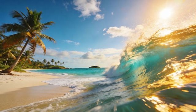 Golden hour barrel wave curling along turquoise tropical beach with palm trees and islet