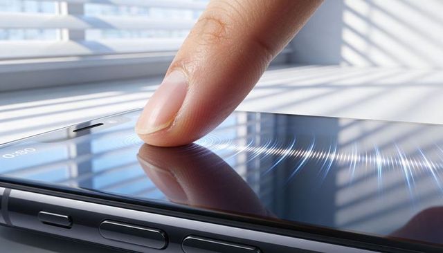 Fingertip pressing smartphone touchscreen with biometric ripple unlocking glossy closeup