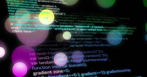 Floating JavaScript code over holographic bokeh lights with neon gradient overlay