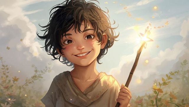 Smiling child holding glowing star wand in sunlit meadow, magical fantasy portrait