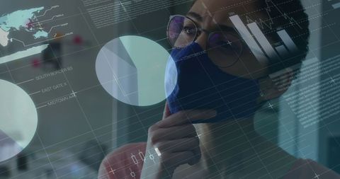 Woman Wearing Face Mask Analyzing Data in Digital Interface