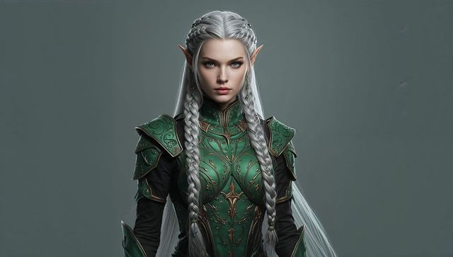 Female Elf Warrior in Ornate Green Armor with Braided Hair
