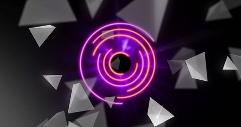 Digital neon spirals over geometric gray triangles on a black canvas