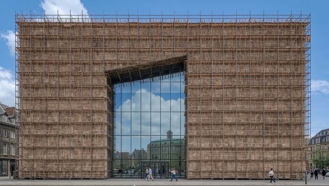 Urban building wrapped in wooden scaffolding revealing glass atrium and city reflections
