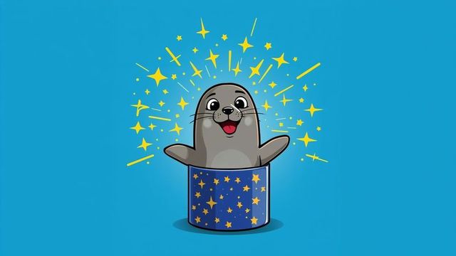Whimsical seal emerging from magic hat with sparkles