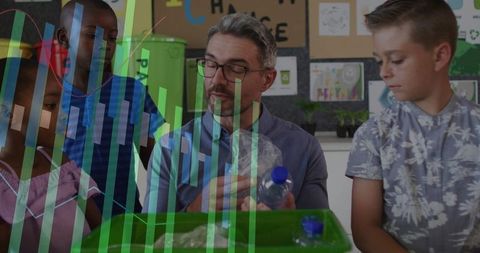 Teaching recycling with plastic bottles and green bin in elementary classroom