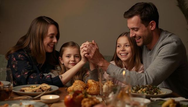 Cozy Family Dinner Moment Holding Hands Around Candlelit Table, Smiling Parents and Kids