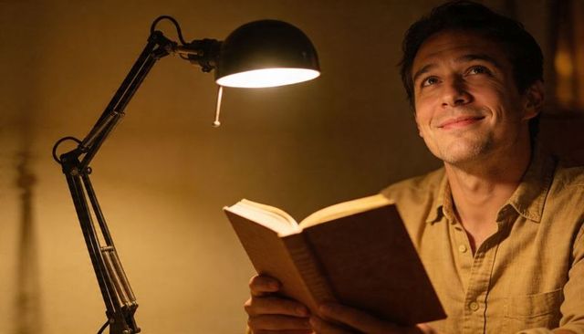 Man reading by desk lamp in cozy warm glow, contemplative evening study moment
