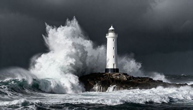 Lighthouse braving towering atlantic waves on rugged rocky islet under brooding storm sky