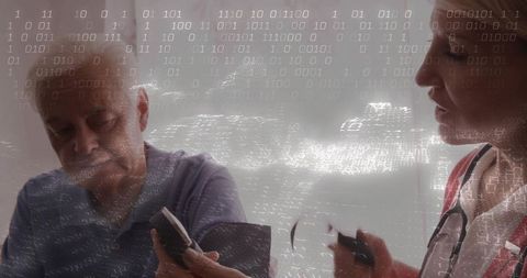 Clinician measuring patient blood pressure with digital overlay