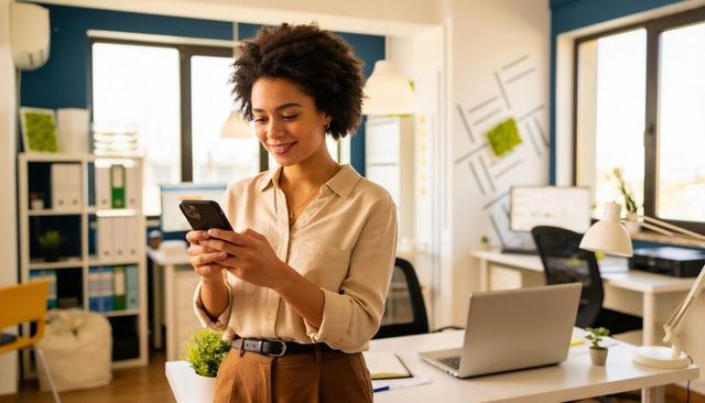 Smiling woman texting on smartphone in modern coworking office with laptop and plants