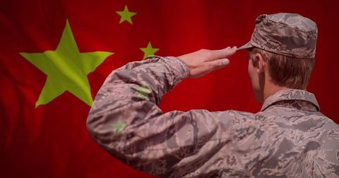 Caucasian soldier saluting with overlay of chinese flag concept